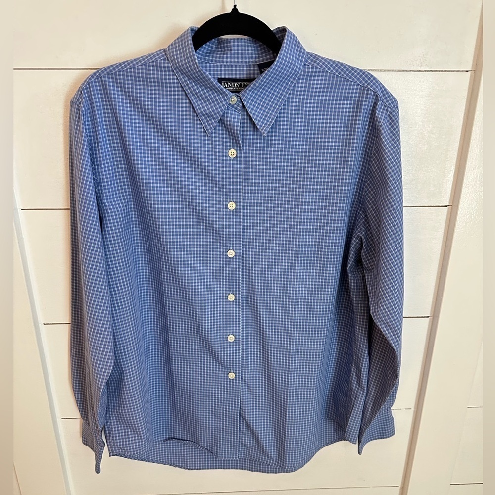 LANDS'END Blue square button classic cotton blend casual office blouse 14